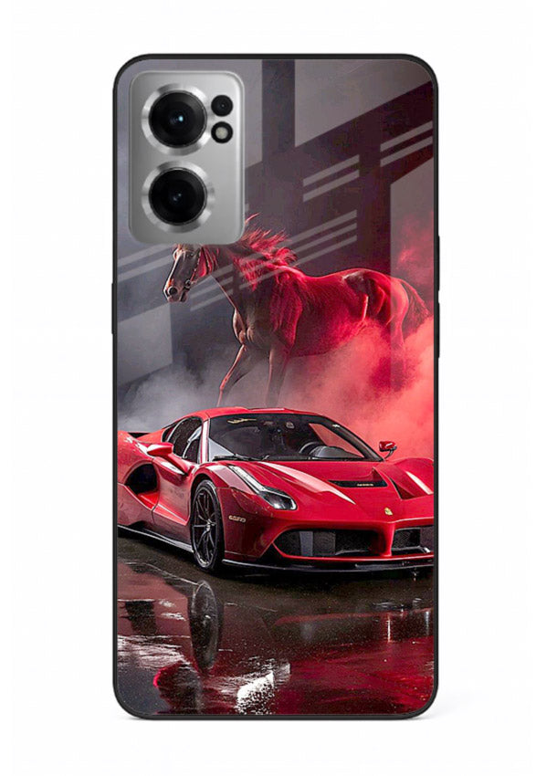 Red supercar with horse silhouette printed on tempered glass OnePlus Nord CE2 5G back cover