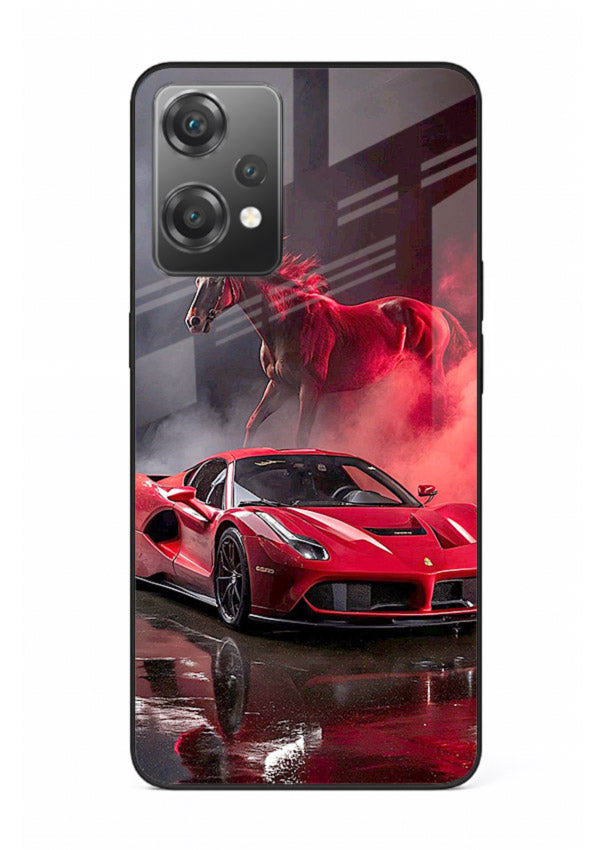Red supercar with horse silhouette printed on tempered glass OnePlus Nord CE2 Lite 5G back cover