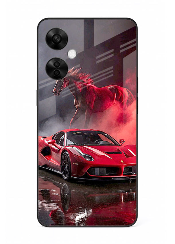 Red supercar with horse silhouette printed on tempered glass OnePlus Nord CE3 Lite back cover