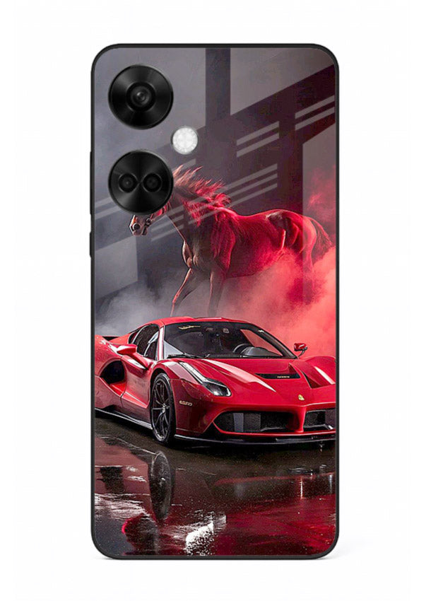 Red supercar with horse silhouette printed on tempered glass OnePlus Nord CE3 back cover