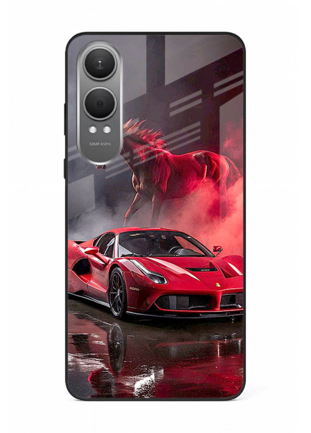 Red supercar with horse silhouette printed on tempered glass OnePlus Nord CE4 Lite back cover