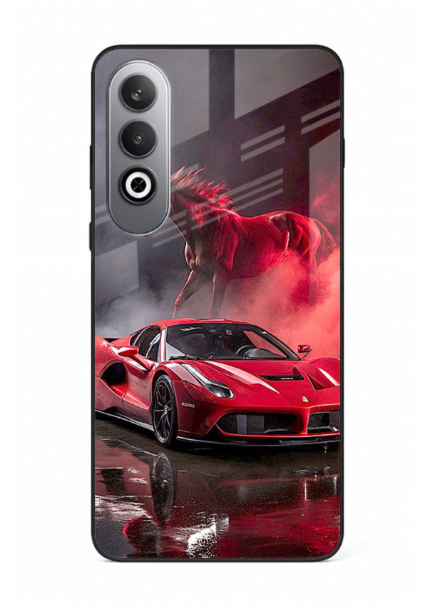 Red supercar with horse silhouette printed on tempered glass OnePlus Nord CE4 back cover