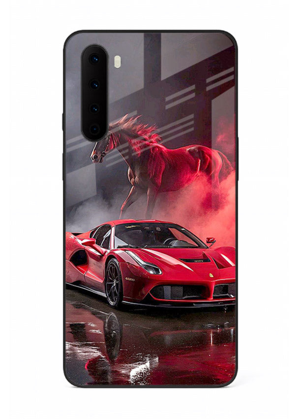 Red supercar with horse silhouette printed on tempered glass OnePlus Nord back cover