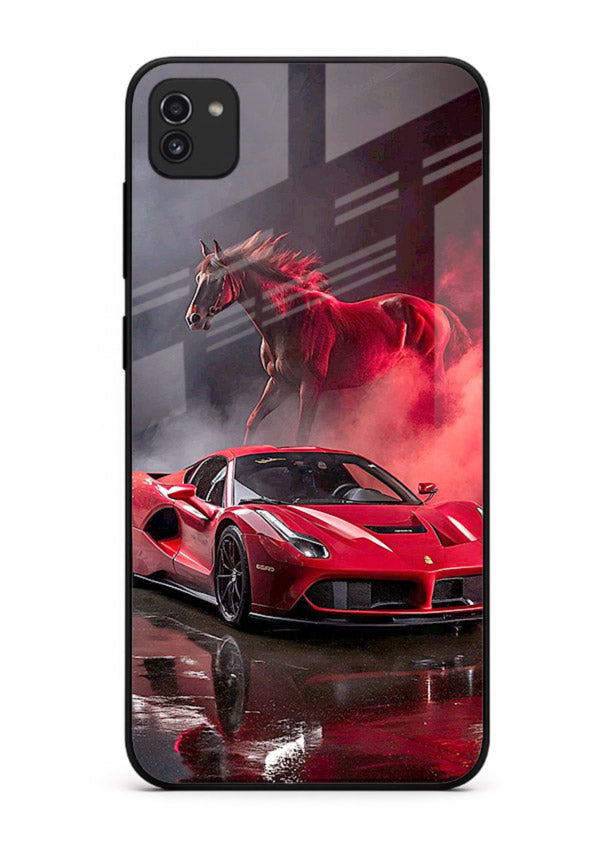 Red supercar with horse silhouette printed on tempered glass Samsung A03 back cover