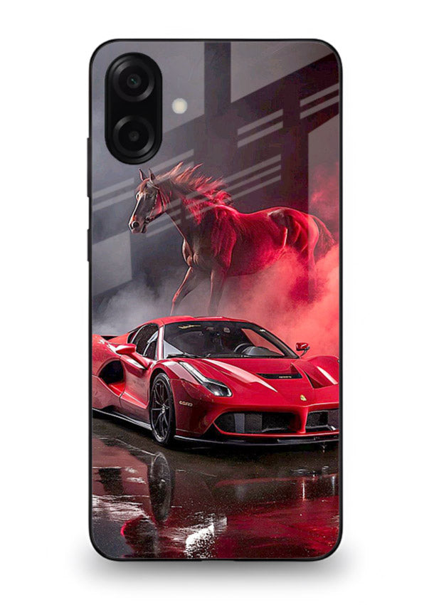 Red supercar with horse silhouette printed on tempered glass Samsung M13 5G back cover