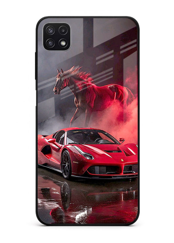 Red supercar with horse silhouette printed on tempered glass Samsung F42 5G back cover