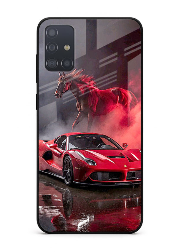 Red supercar with horse silhouette printed on tempered glass Samsung A71 back cover