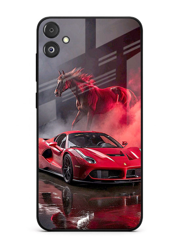 Red supercar with horse silhouette printed on tempered glass Samsung F05 5G back cover