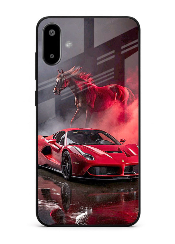 Red supercar with horse silhouette printed on tempered glass Samsung F06 5G back cover
