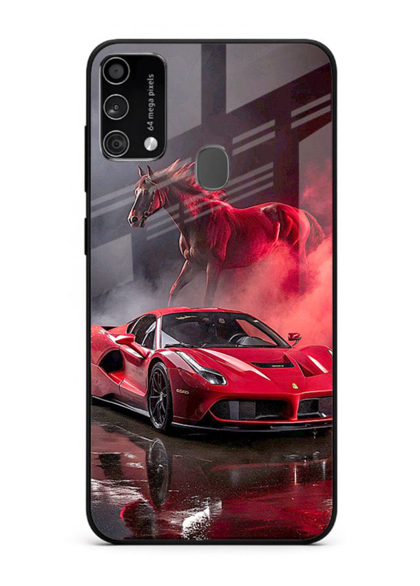 Red supercar with horse silhouette printed on tempered glass Samsung F41 back cover