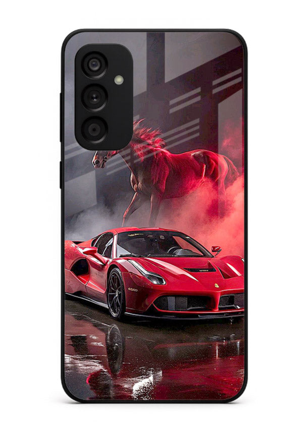 Red supercar with horse silhouette printed on tempered glass Samsung A04s 5G back cover