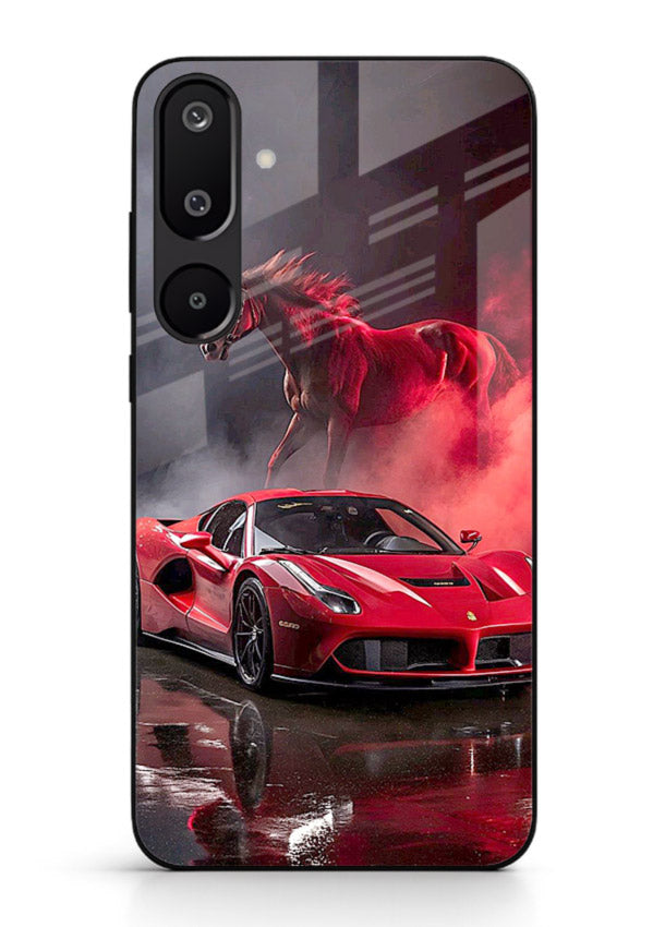 Red supercar with horse silhouette printed on tempered glass Samsung F16 5G back cover