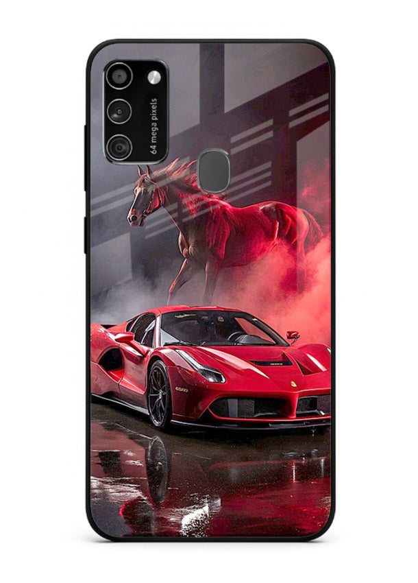 Red supercar with horse silhouette printed on tempered glass Samsung M21 back cover