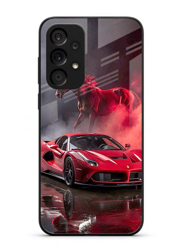 Red supercar with horse silhouette printed on tempered glass Samsung A73 5G back cover