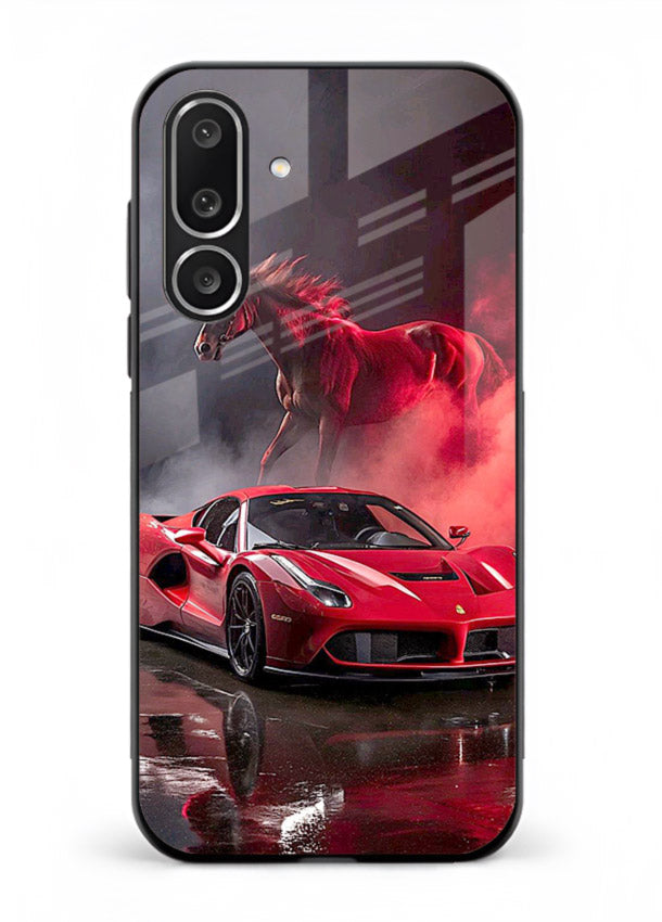 Red supercar with horse silhouette printed on tempered glass Samsung M56 5G back cover
