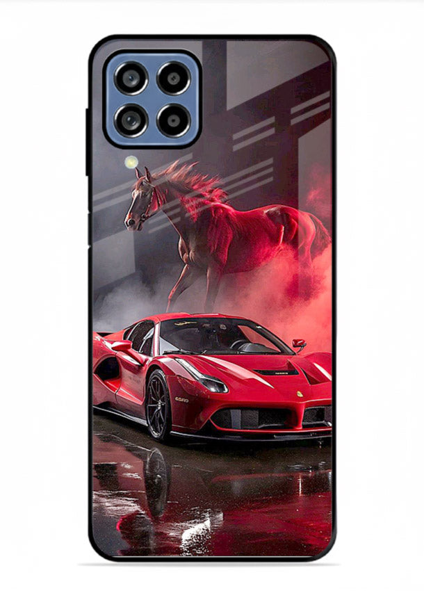 Red supercar with horse silhouette printed on tempered glass Samsung F12 5G back cover