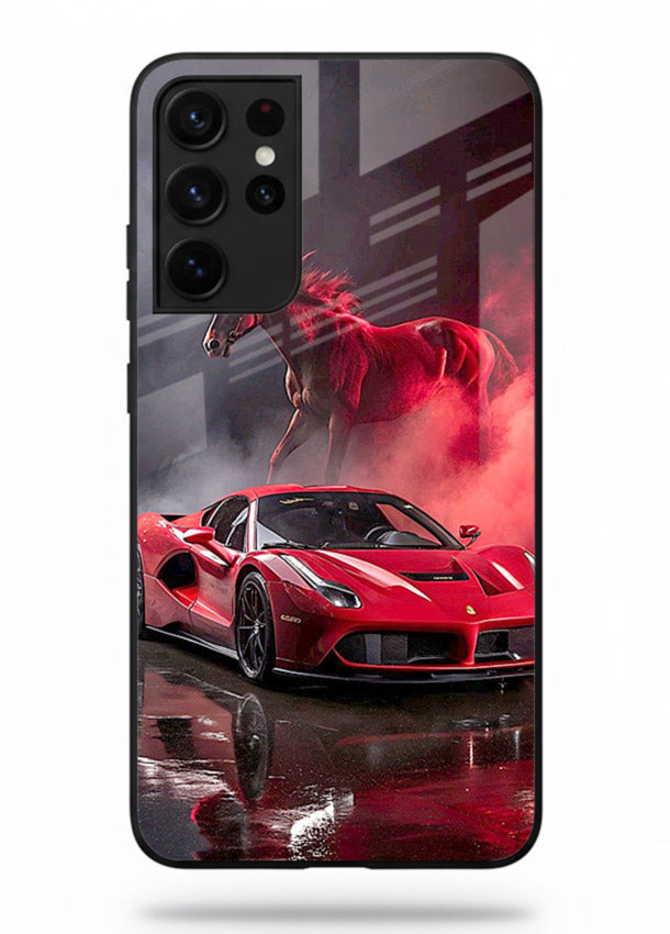 Red supercar with horse silhouette printed on tempered glass Samsung S21 Ultra back cover