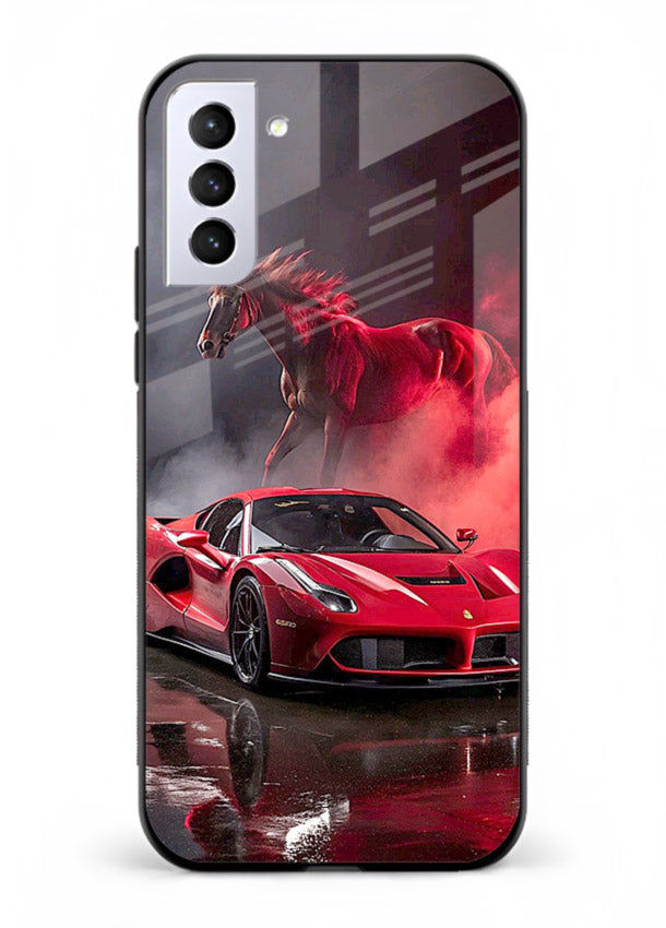 Red supercar with horse silhouette printed on tempered glass Samsung S22 back cover