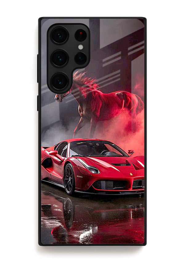 Red supercar with horse silhouette printed on tempered glass Samsung S24 Ultra back cover