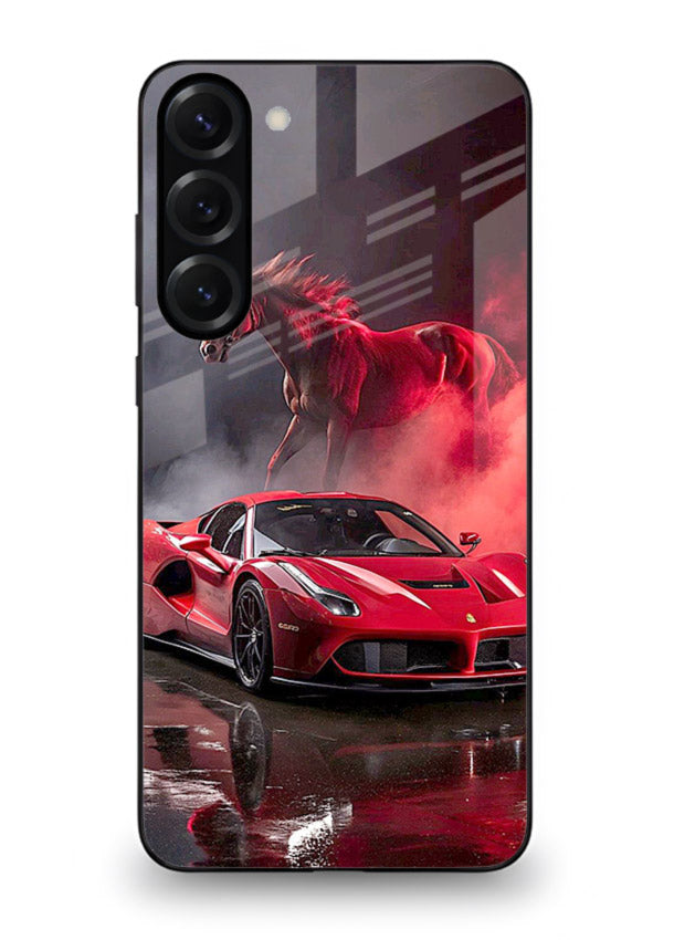 Red supercar with horse silhouette printed on tempered glass Samsung S23 back cover