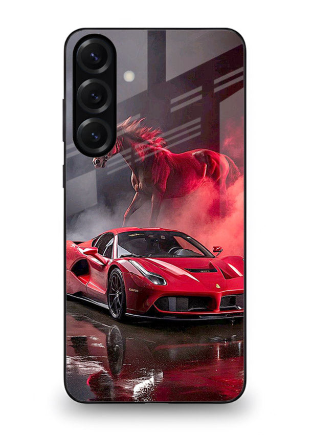 Red supercar with horse silhouette printed on tempered glass Samsung A35 5G back cover
