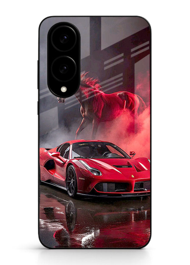 Red supercar with horse silhouette printed on tempered glass Samsung S25 Edge back cover