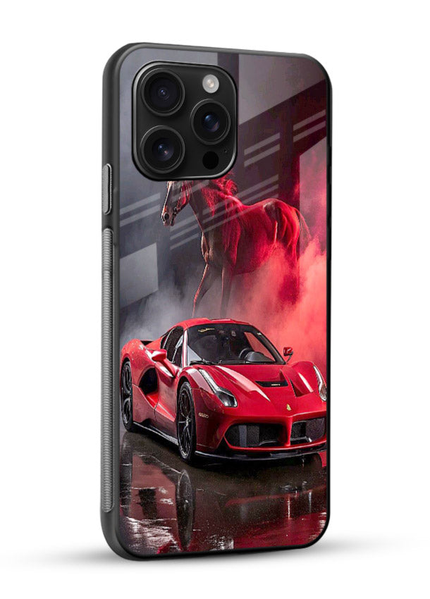 Red supercar with horse silhouette printed on tempered glass mobile cover - 2