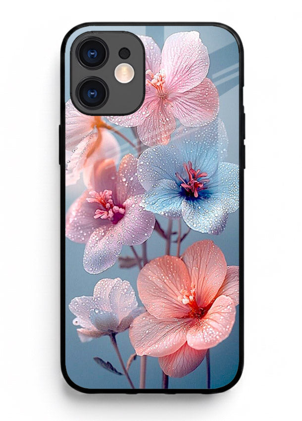 Iridescent orchid artwork on iphone 12 glass back cover with luminous floral tones.
