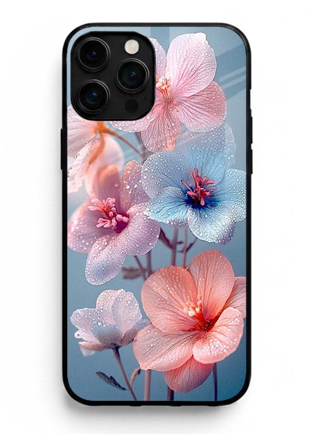 Iridescent orchid artwork on iphone 12 pro max glass back cover with luminous floral tones.