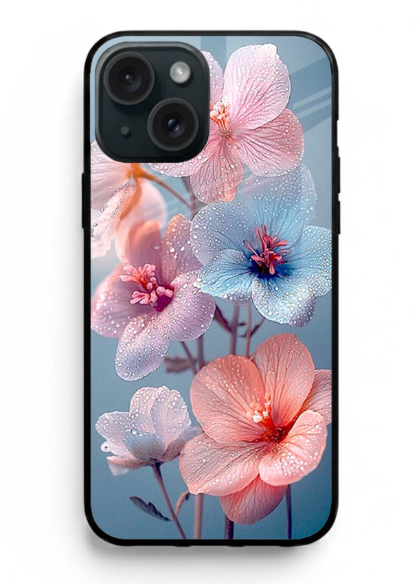Iridescent orchid artwork on iphone 15 glass back cover with luminous floral tones.