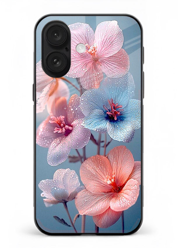 Iridescent orchid artwork on iphone 17 glass back cover with luminous floral tones.