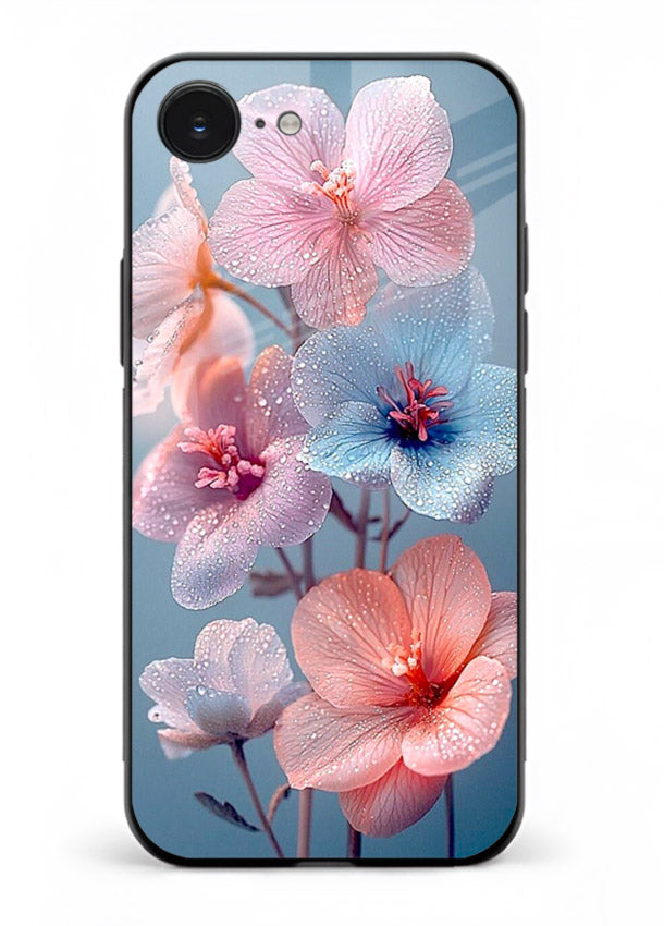 Iridescent orchid artwork on iphone 16e glass back cover with luminous floral tones.