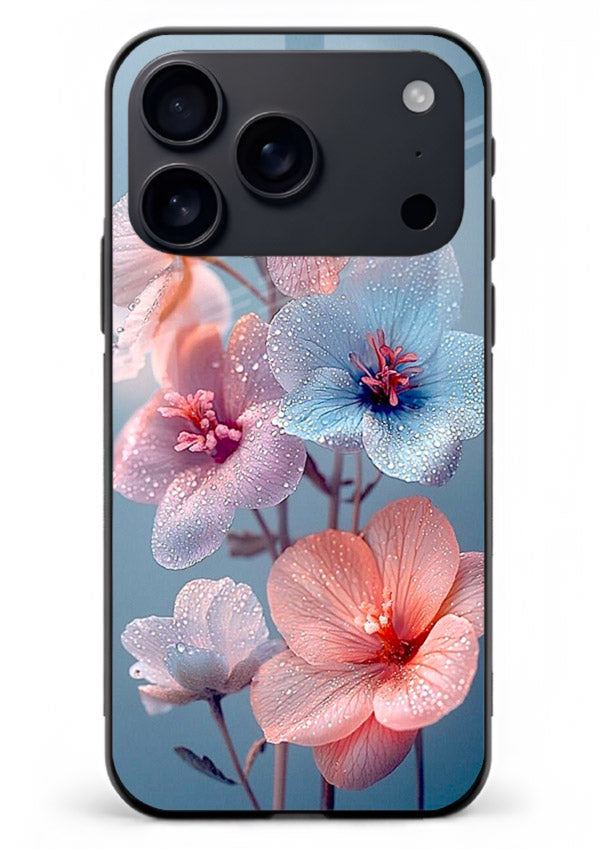 Iridescent orchid artwork on iphone 18 pro max glass back cover with luminous floral tones.