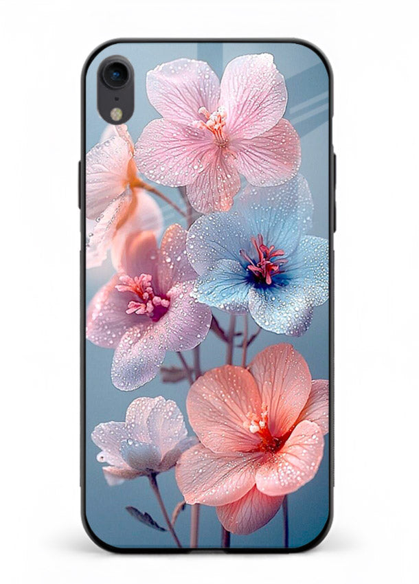 Iridescent orchid artwork on iphone xr glass back cover with luminous floral tones.