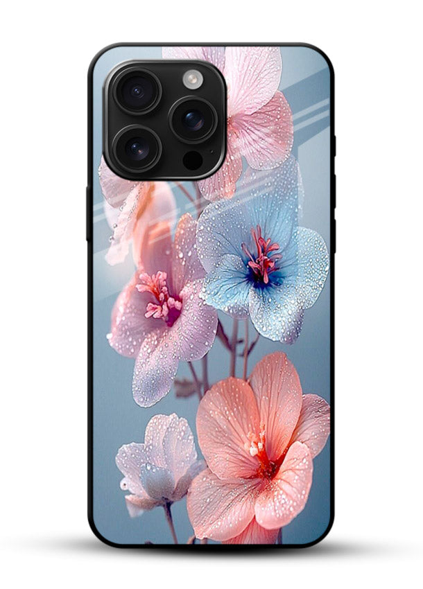 Iridescent orchid artwork on glossy vibrant premium glass back cover with luminous floral tones. - Angle Front