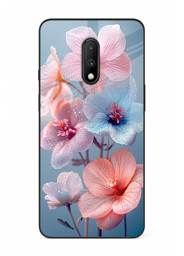 Iridescent orchid artwork on OnePlus 7 glass back cover with luminous floral tones.