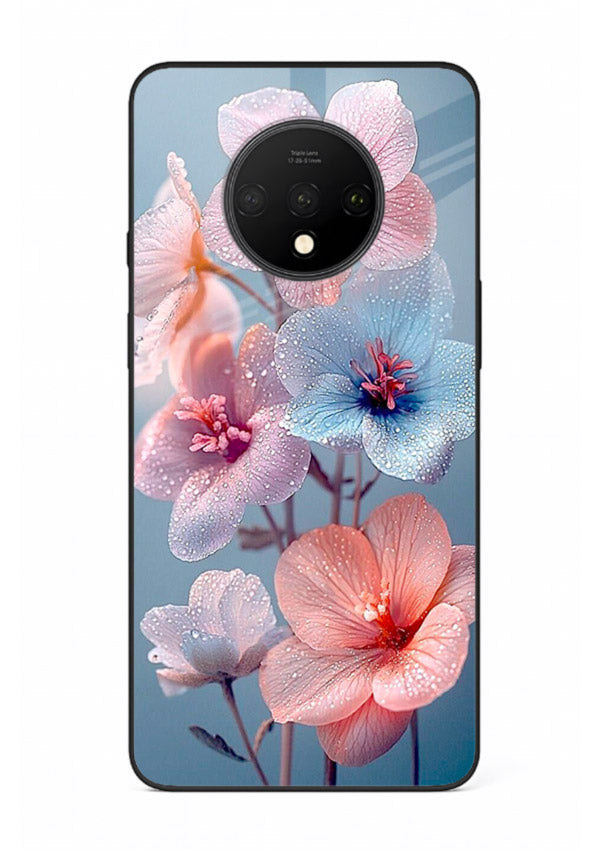 Iridescent orchid artwork on OnePlus 7T glass back cover with luminous floral tones.
