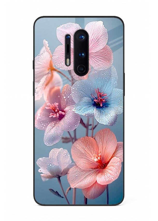 Iridescent orchid artwork on OnePlus 8 Pro glass back cover with luminous floral tones.