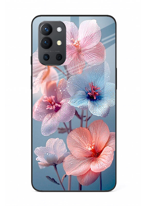 Iridescent orchid artwork on OnePlus 9R glass back cover with luminous floral tones.
