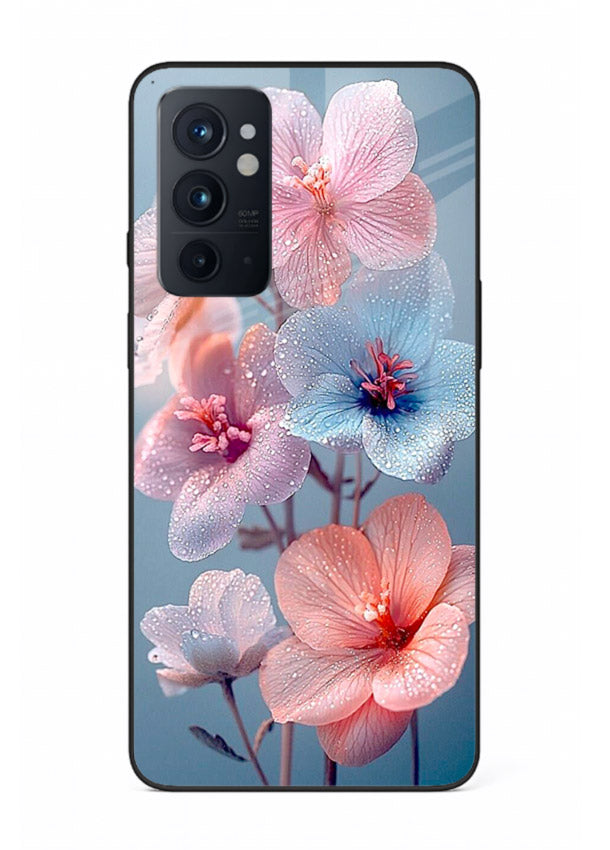 Iridescent orchid artwork on OnePlus 9RT glass back cover with luminous floral tones.