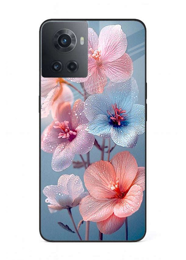 Iridescent orchid artwork on OnePlus 10R glass back cover with luminous floral tones.