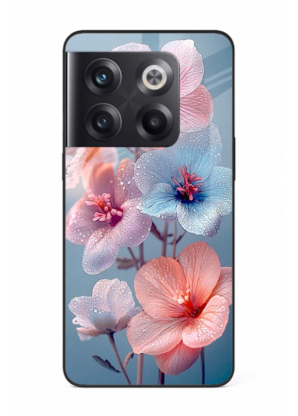 Iridescent orchid artwork on OnePlus 10T glass back cover with luminous floral tones.