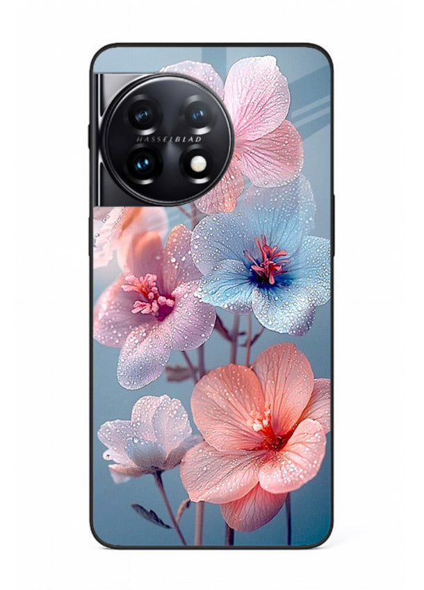Iridescent orchid artwork on OnePlus 11R glass back cover with luminous floral tones.