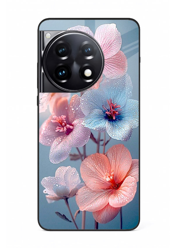 Iridescent orchid artwork on OnePlus 12R glass back cover with luminous floral tones.