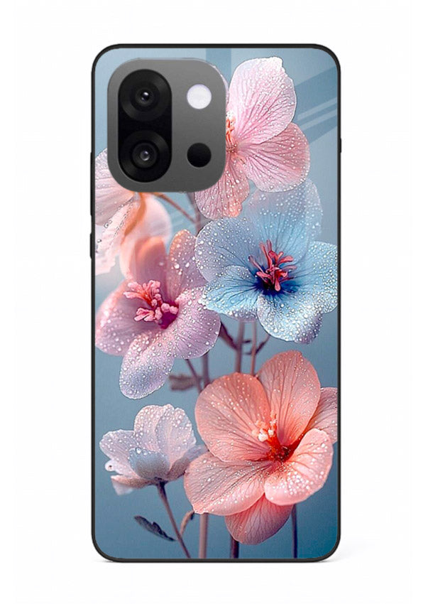 Iridescent orchid artwork on OnePlus 13s glass back cover with luminous floral tones.