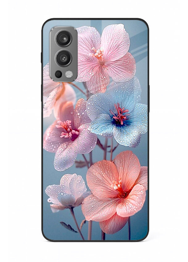 Iridescent orchid artwork on OnePlus Nord 2 glass back cover with luminous floral tones.