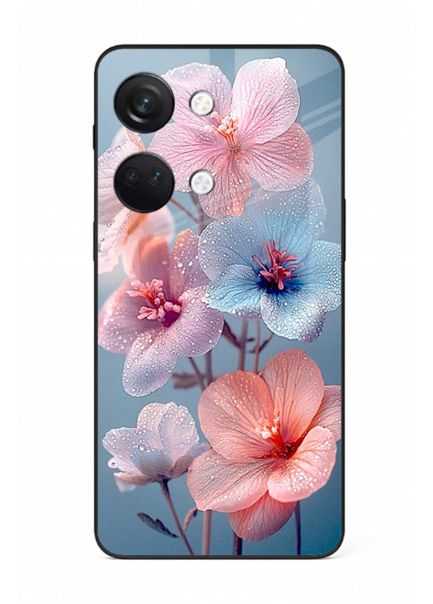 Iridescent orchid artwork on OnePlus Nord 3 glass back cover with luminous floral tones.