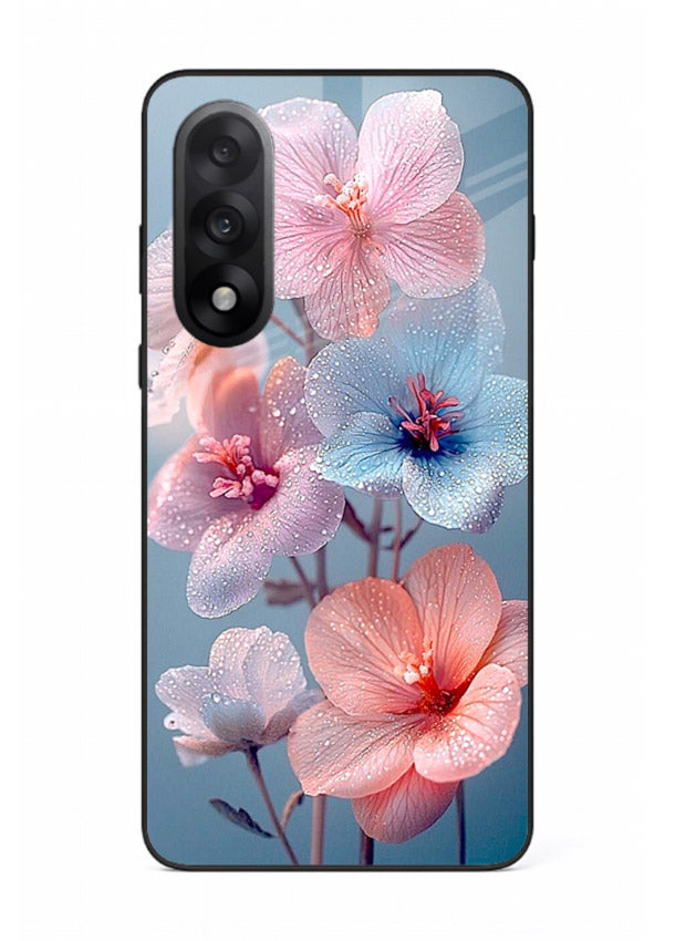 Iridescent orchid artwork on OnePlus Nord 5 glass back cover with luminous floral tones.