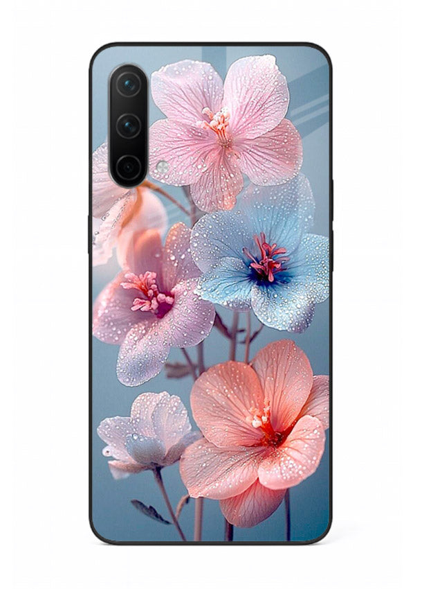 Iridescent orchid artwork on OnePlus Nord CE 5G glass back cover with luminous floral tones.