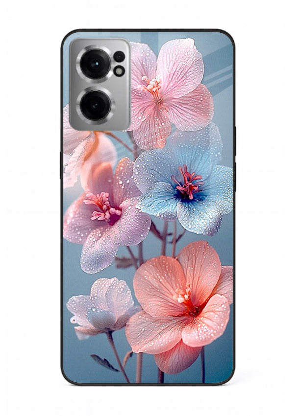 Iridescent orchid artwork on OnePlus Nord CE2 5G glass back cover with luminous floral tones.